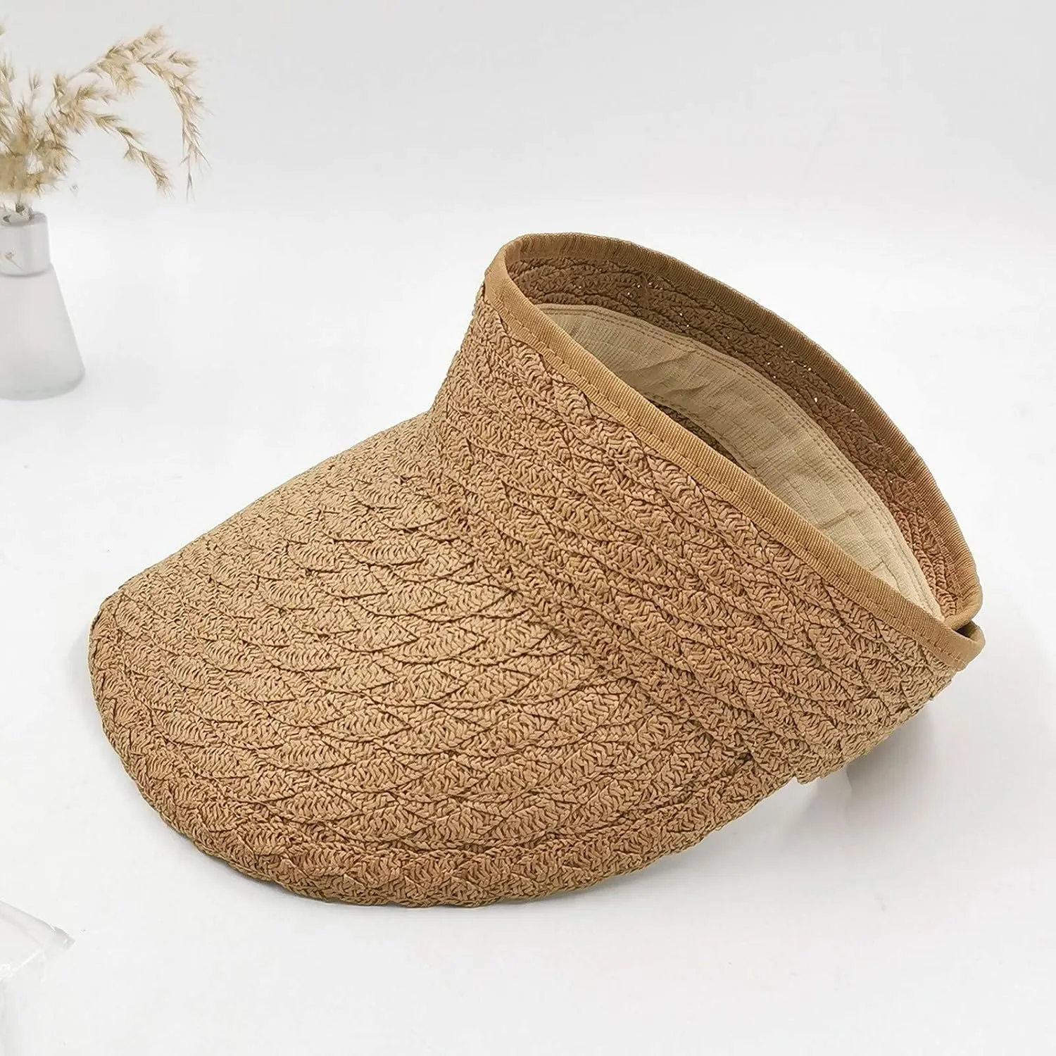 Sun Visor Hats for Women Wide Brim Straw Visors Womens Foldable Beach Visors Summer Roll Up Ponytail Beach Hat