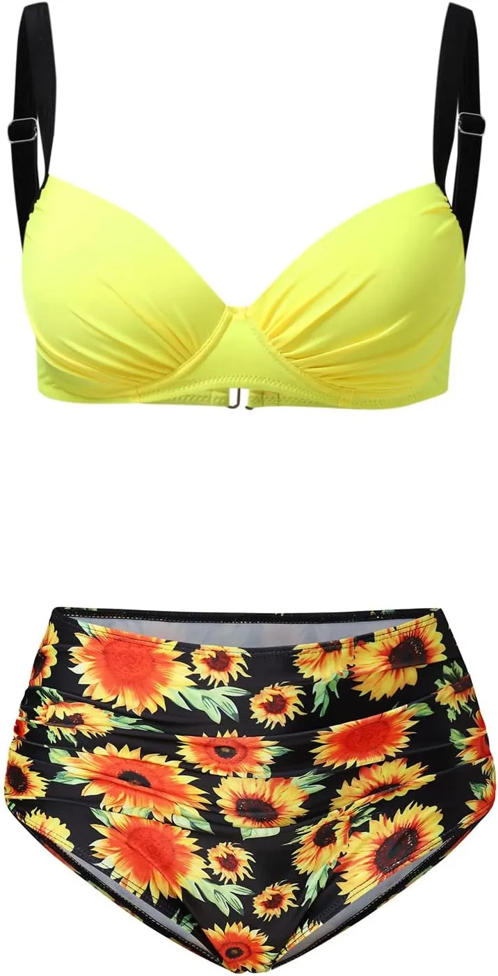 Swimsuit Halter High Women Waist Print Vintage Bikini Ruched Set Two Retro Piece Swimwears Tankinis Set Yellow Dot
