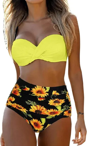 Swimsuit Halter High Women Waist Print Vintage Bikini Ruched Set Two Retro Piece Swimwears Tankinis Set Yellow Dot
