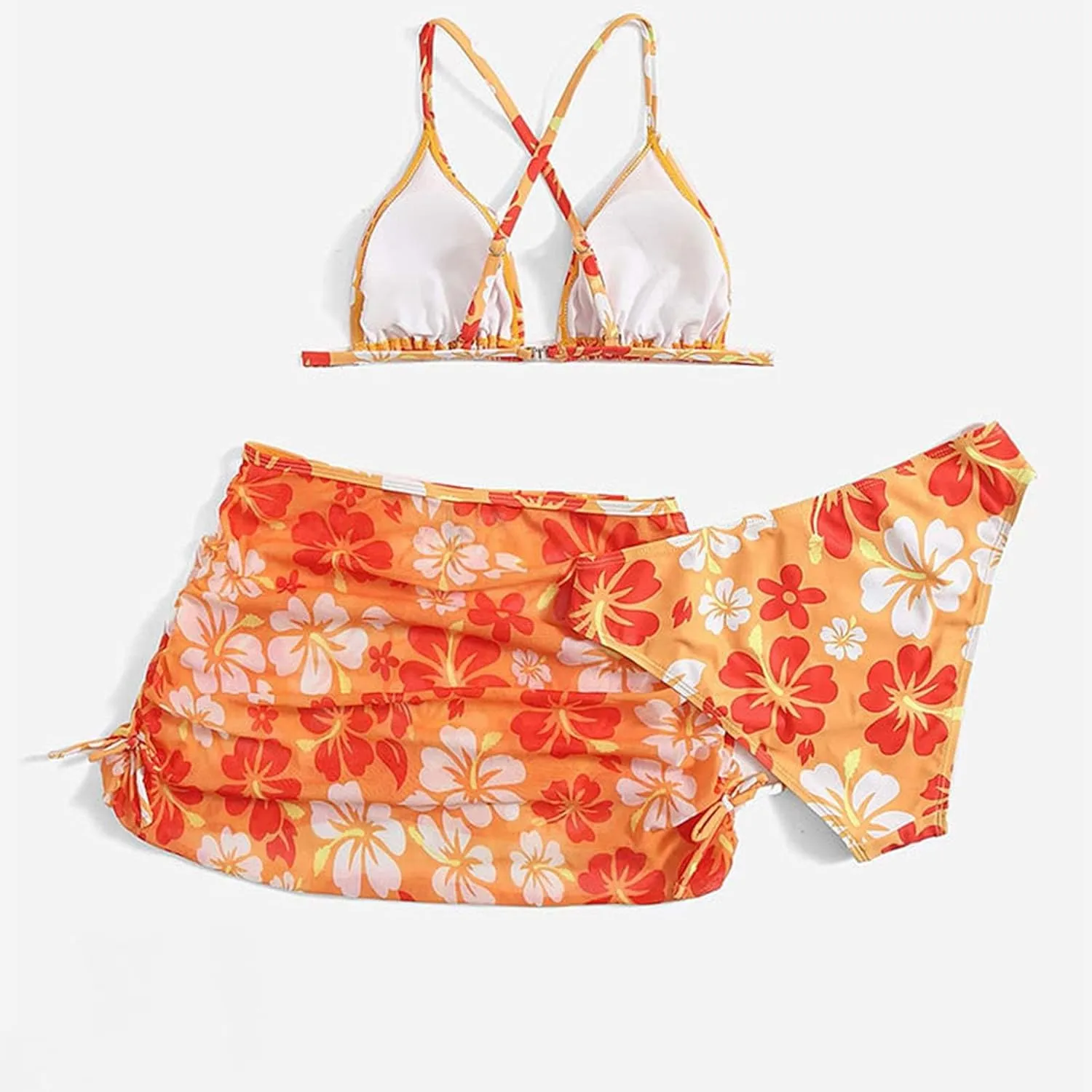Teens Girls Flower Swimsuit 3 Piece Bathing Suits Cute Quick Dry Bikini Tankini Sets with Skirt Cover up for Swimwear