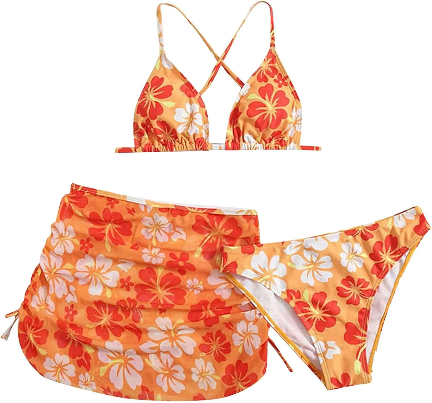 Teens Girls Flower Swimsuit 3 Piece Bathing Suits Cute Quick Dry Bikini Tankini Sets with Skirt Cover up for Swimwear