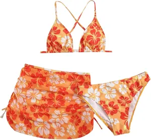 Teens Girls Flower Swimsuit 3 Piece Bathing Suits Cute Quick Dry Bikini Tankini Sets with Skirt Cover up for Swimwear