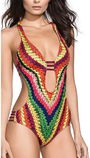 Tribal Crochet One Piece Swimsuit for Women Deep V Neck Multi Straps Slimming Cut Out Monokini Backless Bathing Suit