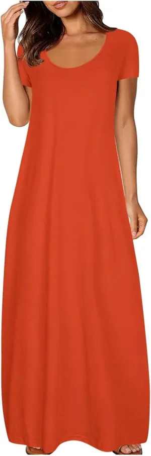 Tshirt Dresses for Women Casual Scoop Neck Short Sleeve Maxi Dress Summer Loose Plain Vacation Long Tee Shirts Dress