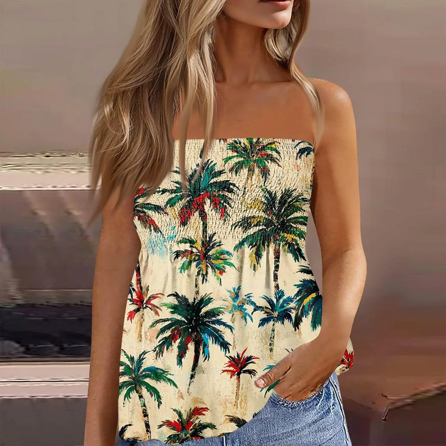 Tube Tops for Women Strapless Ruffled Sexy Tank Bandeau T Shirts Floral Graphic Sleeveless Vintage Backless Blouses