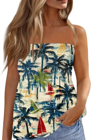 Tube Tops for Women Strapless Ruffled Sexy Tank Bandeau T Shirts Floral Graphic Sleeveless Vintage Backless Blouses