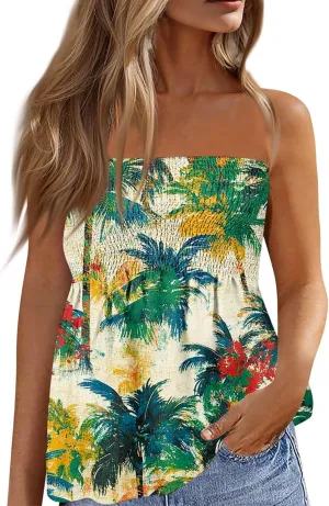 Tube Tops for Women Strapless Ruffled Sexy Tank Bandeau T Shirts Floral Graphic Sleeveless Vintage Backless Blouses