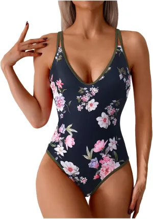 TUQIDEWU Tummy Control Swimsuits for Women One Piece Swimsuit Women Floral Print V Neck Push Up Backless Bathing Suit