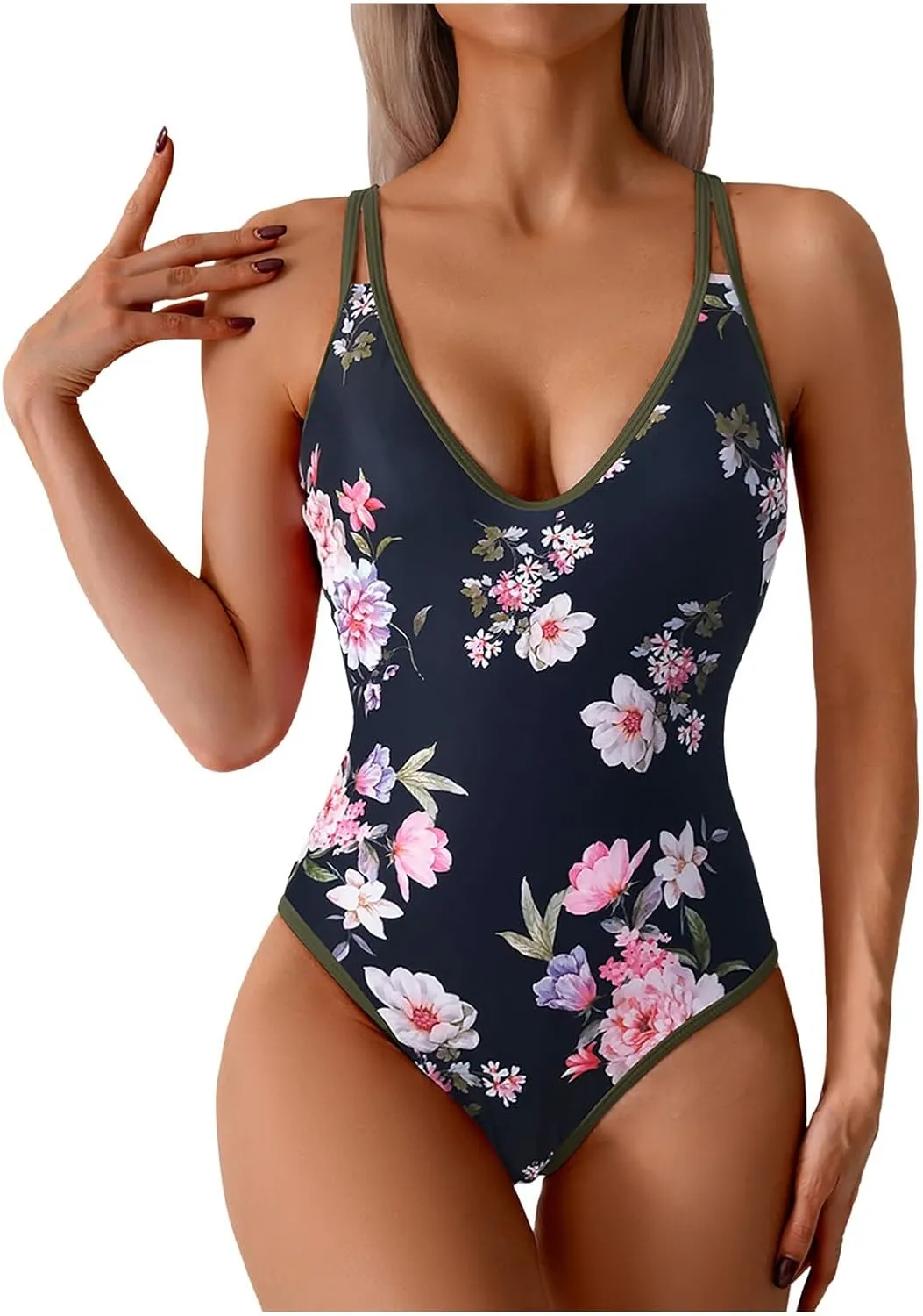 TUQIDEWU Tummy Control Swimsuits for Women One Piece Swimsuit Women Floral Print V Neck Push Up Backless Bathing Suit