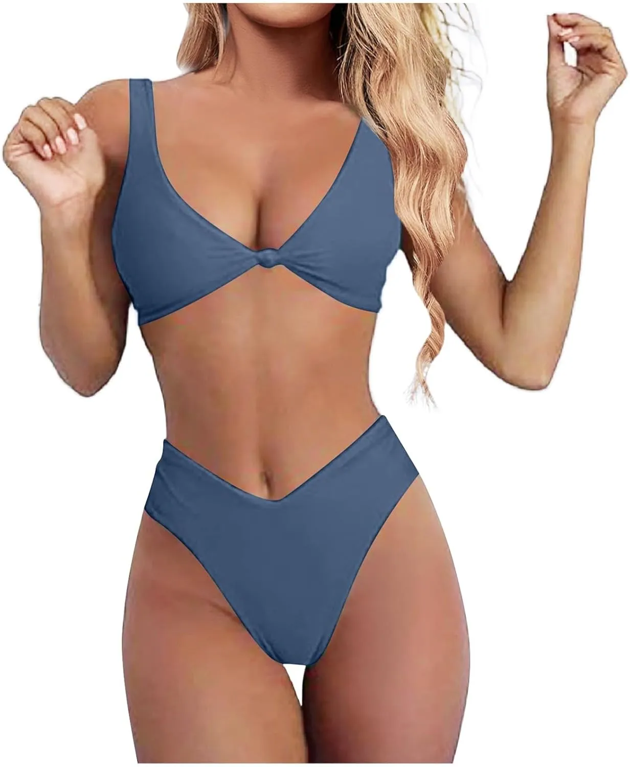 V Neck Bikini Set for Women Solid Color Knot Front Push Up High Waisted Thong Two Piece Swimsuit Bathing Suits