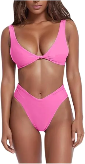 V Neck Bikini Set for Women Solid Color Knot Front Push Up High Waisted Thong Two Piece Swimsuit Bathing Suits