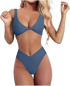 V Neck Bikini Set for Women Solid Color Knot Front Push Up High Waisted Thong Two Piece Swimsuit Bathing Suits