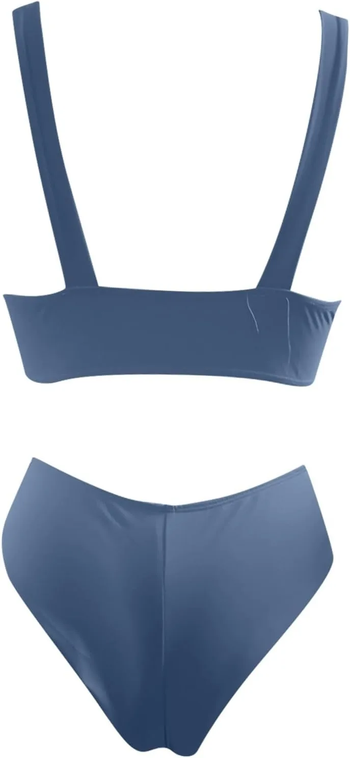 V Neck Bikini Set for Women Solid Color Knot Front Push Up High Waisted Thong Two Piece Swimsuit Bathing Suits