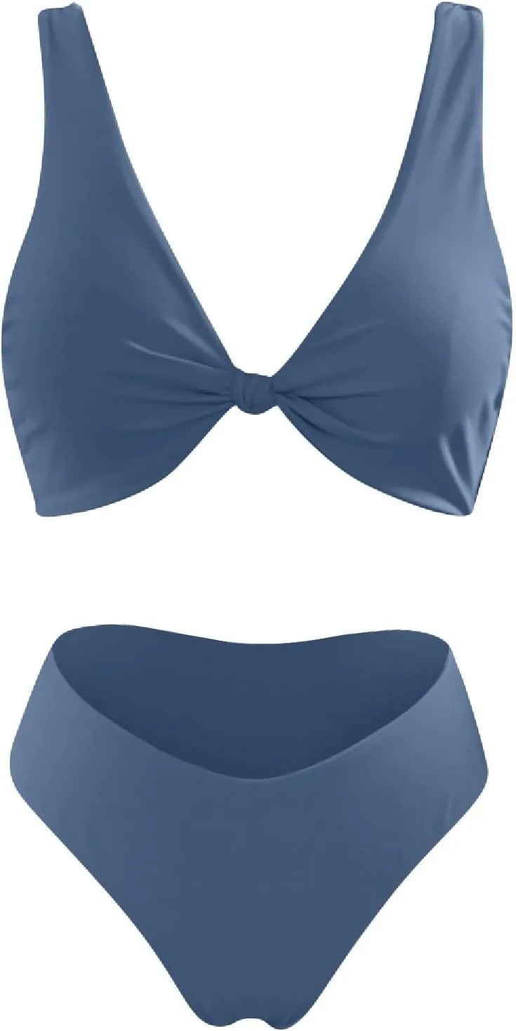 V Neck Bikini Set for Women Solid Color Knot Front Push Up High Waisted Thong Two Piece Swimsuit Bathing Suits