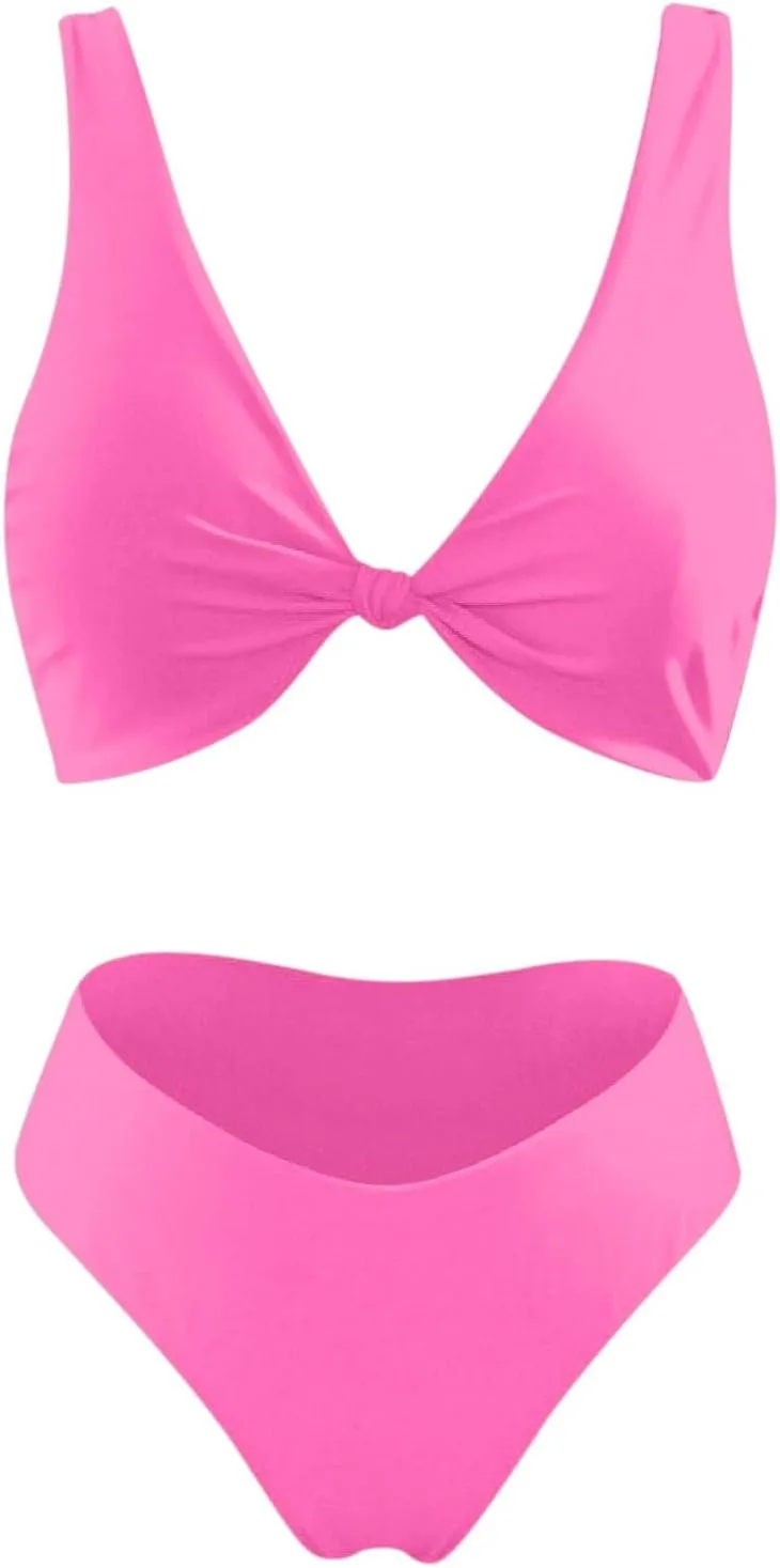 V Neck Bikini Set for Women Solid Color Knot Front Push Up High Waisted Thong Two Piece Swimsuit Bathing Suits