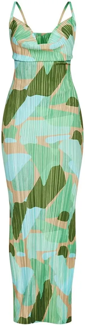 VECVOC Women's Spring Cowl Neck Dress Sexy Strap Shoulder Pleated Maxi Dresses Summer Wedding Guest Dresses