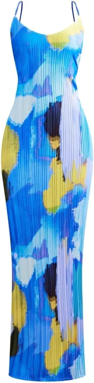 VECVOC Women's Spring Cowl Neck Dress Sexy Strap Shoulder Pleated Maxi Dresses Summer Wedding Guest Dresses