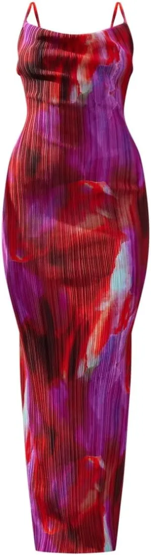 VECVOC Women's Spring Cowl Neck Dress Sexy Strap Shoulder Pleated Maxi Dresses Summer Wedding Guest Dresses