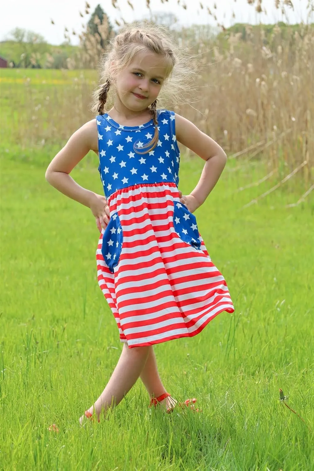 Vieille Little Girls Sleeveless Dress Cute Summer Sundress with Pocket 2-7 Years
