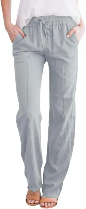 Wide Leg Linen Pants for Women High Waisted Summer Palazzo Pants Lightweight Boho Flowy Beach Pants with Pockets