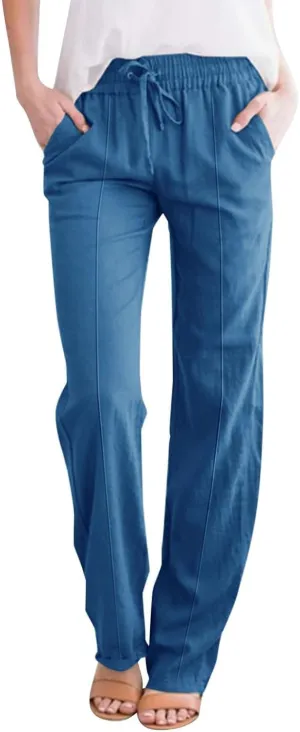 Wide Leg Linen Pants for Women High Waisted Summer Palazzo Pants Lightweight Boho Flowy Beach Pants with Pockets
