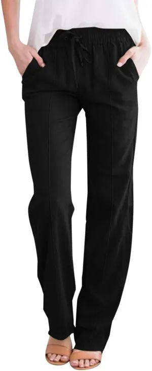 Wide Leg Linen Pants for Women High Waisted Summer Palazzo Pants Lightweight Boho Flowy Beach Pants with Pockets