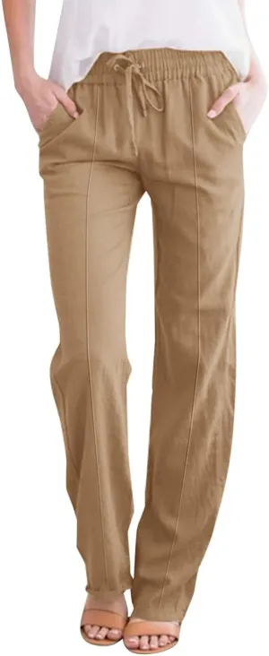 Wide Leg Linen Pants for Women High Waisted Summer Palazzo Pants Lightweight Boho Flowy Beach Pants with Pockets