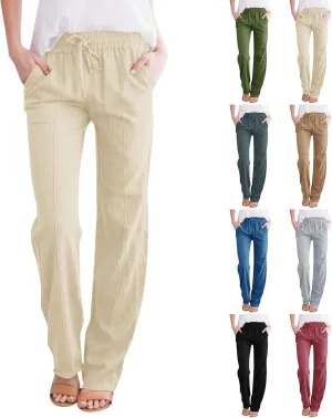 Wide Leg Linen Pants for Women High Waisted Summer Palazzo Pants Lightweight Boho Flowy Beach Pants with Pockets