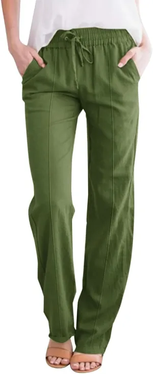 Wide Leg Linen Pants for Women High Waisted Summer Palazzo Pants Lightweight Boho Flowy Beach Pants with Pockets