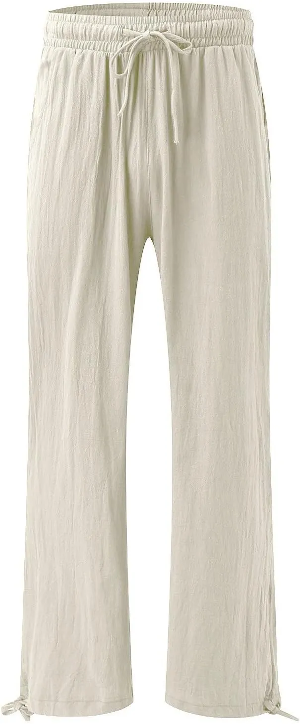 Wide Leg Linen Pants Women Summer Boho Palazzo Pants Casual Drawstring High Waisted Flowy Beach Pants with Pockets