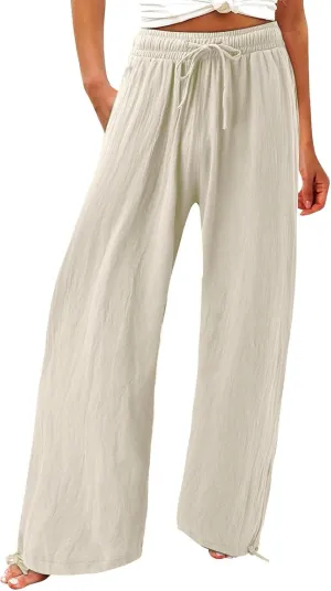 Wide Leg Linen Pants Women Summer Boho Palazzo Pants Casual Drawstring High Waisted Flowy Beach Pants with Pockets
