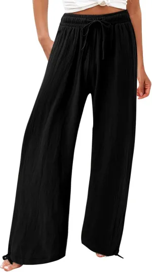 Wide Leg Linen Pants Women Summer Boho Palazzo Pants Casual Drawstring High Waisted Flowy Beach Pants with Pockets