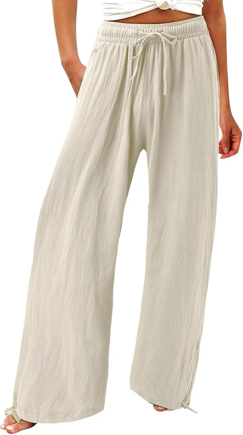 Wide Leg Linen Pants Women Summer Boho Palazzo Pants Casual Drawstring High Waisted Flowy Beach Pants with Pockets