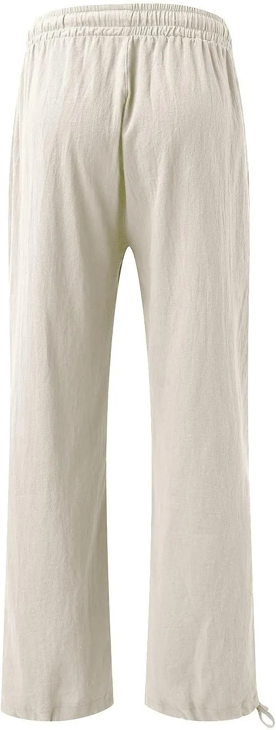 Wide Leg Linen Pants Women Summer Boho Palazzo Pants Casual Drawstring High Waisted Flowy Beach Pants with Pockets