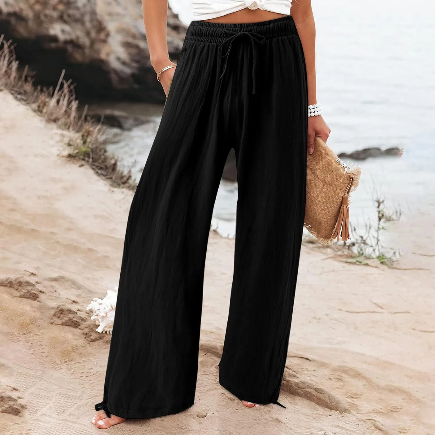 Wide Leg Linen Pants Women Summer Boho Palazzo Pants Casual Drawstring High Waisted Flowy Beach Pants with Pockets