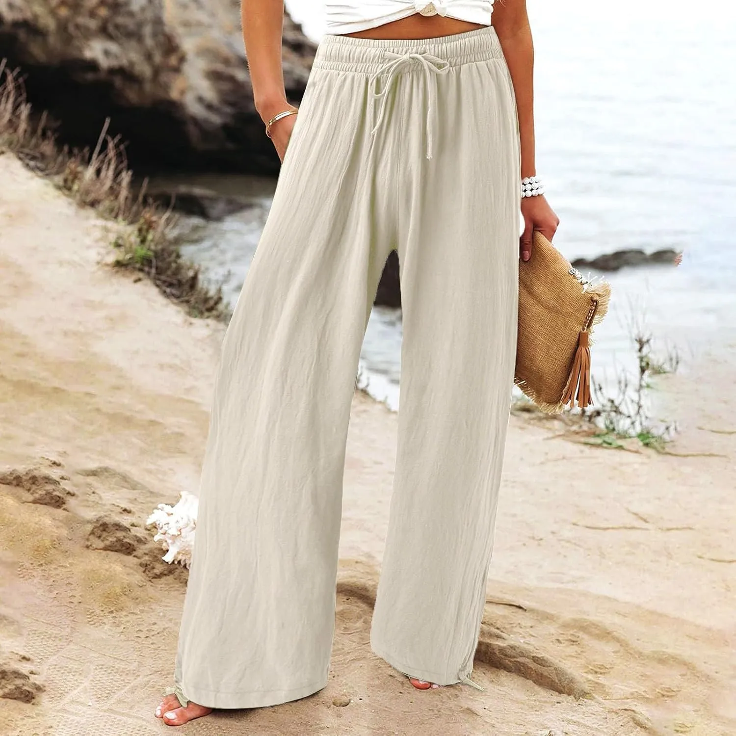 Wide Leg Linen Pants Women Summer Boho Palazzo Pants Casual Drawstring High Waisted Flowy Beach Pants with Pockets
