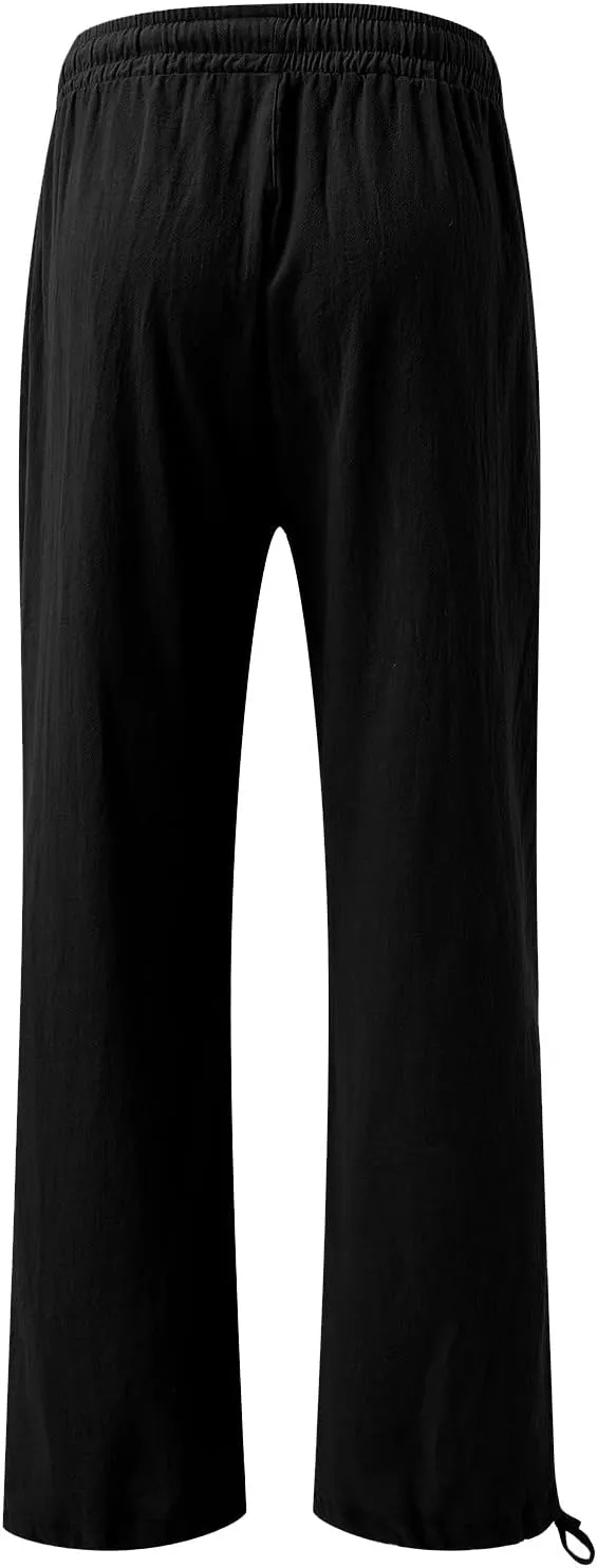 Wide Leg Linen Pants Women Summer Boho Palazzo Pants Casual Drawstring High Waisted Flowy Beach Pants with Pockets