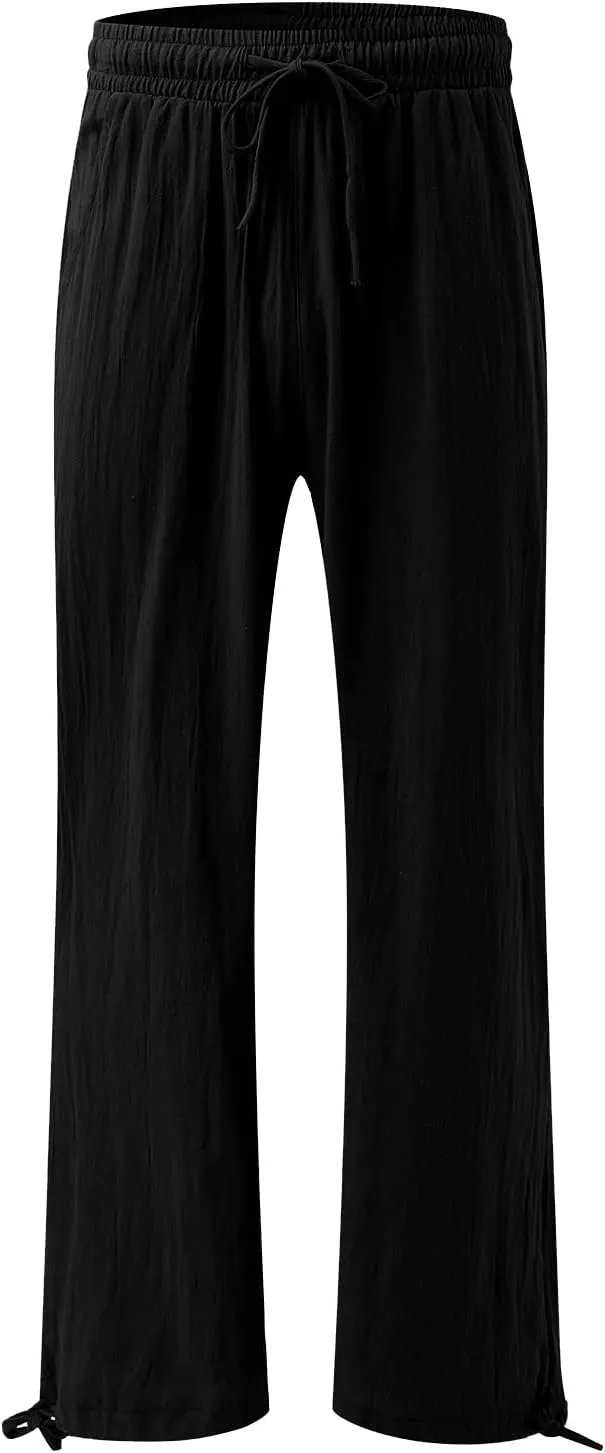 Wide Leg Linen Pants Women Summer Boho Palazzo Pants Casual Drawstring High Waisted Flowy Beach Pants with Pockets