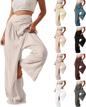 Wide Leg Palazzo Pants for Women Casual Beach Flowy Linen Pants Crossover High Waisted Long Lounge Pants with Pockets