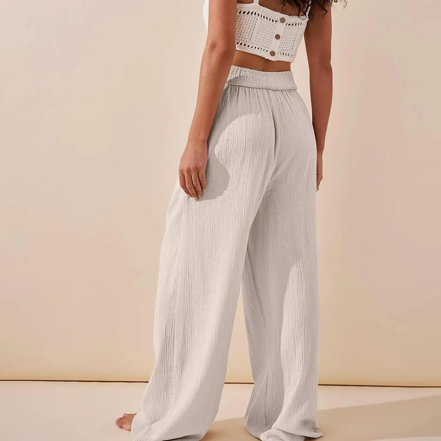 Wide Leg Palazzo Pants for Women Casual Beach Flowy Linen Pants Crossover High Waisted Long Lounge Pants with Pockets