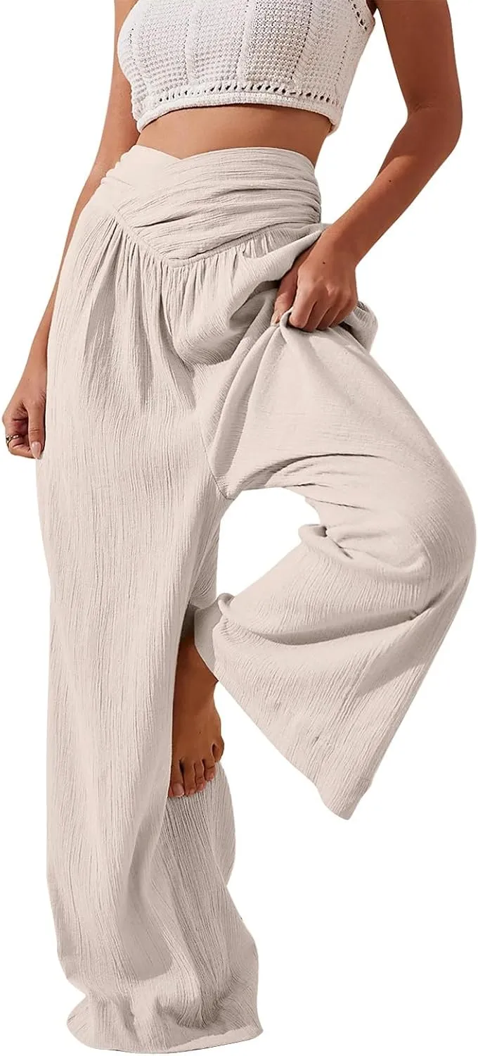 Wide Leg Palazzo Pants for Women Casual Beach Flowy Linen Pants Crossover High Waisted Long Lounge Pants with Pockets