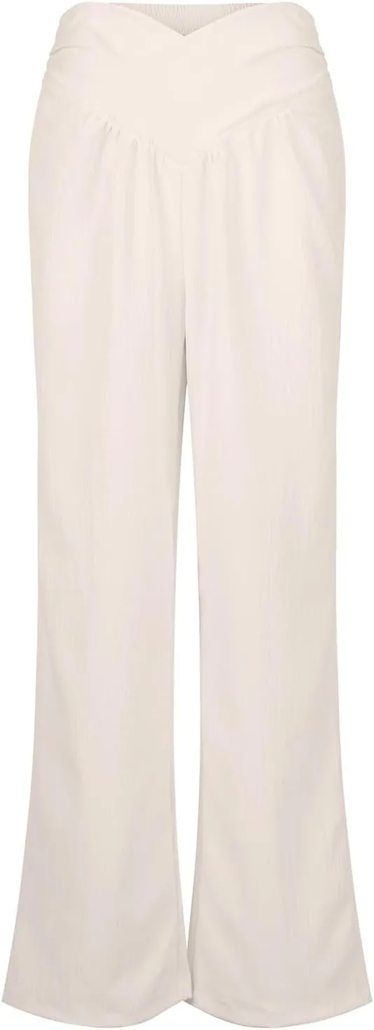 Wide Leg Palazzo Pants for Women Casual Beach Flowy Linen Pants Crossover High Waisted Long Lounge Pants with Pockets