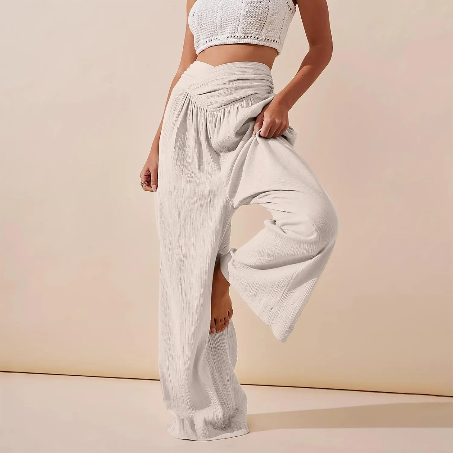 Wide Leg Palazzo Pants for Women Casual Beach Flowy Linen Pants Crossover High Waisted Long Lounge Pants with Pockets