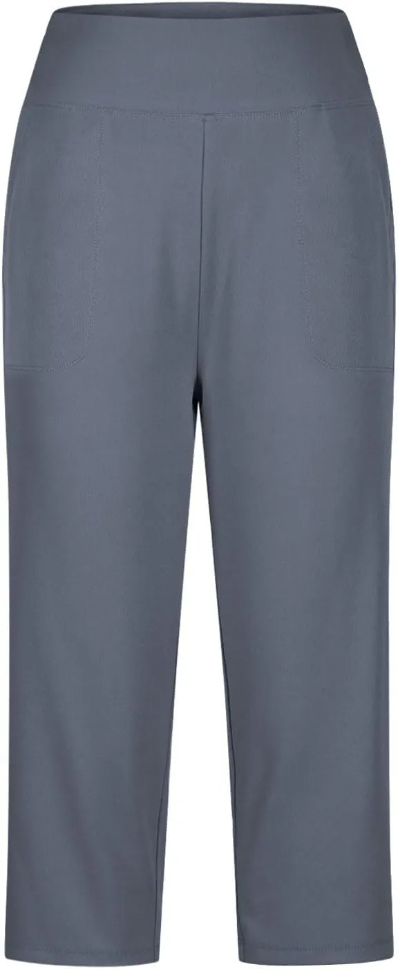 Wide Leg Yoga Pants Women High Waisted Capri Pants Tummy Control Crop Pants Loose Casual Lounge Pants with Pockets