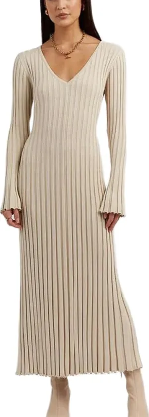 Winter Maxi Sweater Dress Long Sleeve Ribbed Knit Bodycon Sweater Dress for Women V-Neck Midi Wrap Long Dresses