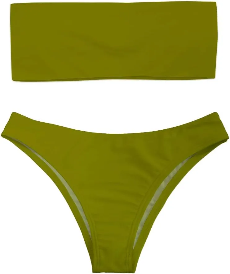 Women 2 Pieces Bandeau Bikini Swimsuit Off Shoulder High Waist Bathing Suit