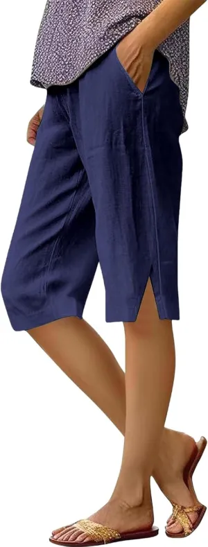 Women Causal Knee Linen Pants Elastic High Waist Straight Leg Bottom Split Capri Pant Lightweight Summer Lounge Slack