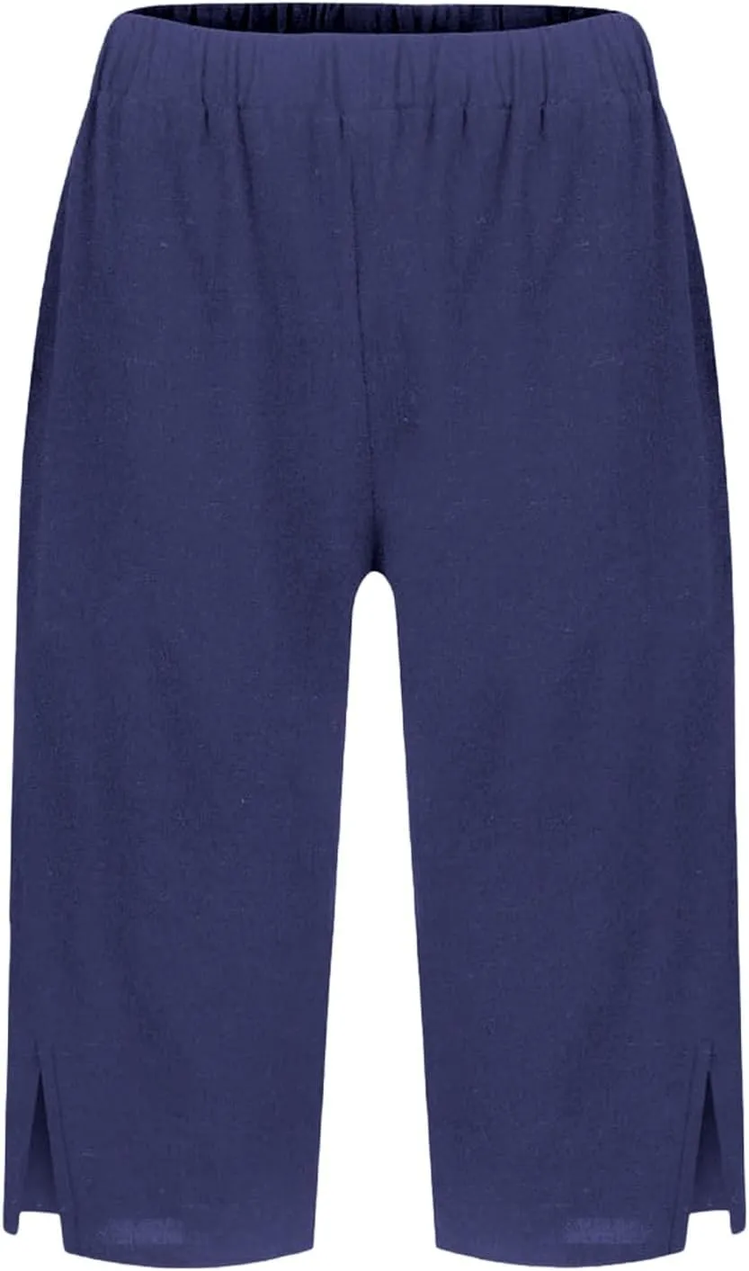 Women Causal Knee Linen Pants Elastic High Waist Straight Leg Bottom Split Capri Pant Lightweight Summer Lounge Slack