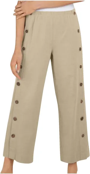 Women Cotton Linen Pants Side Button Casaul Summer Wide Leg Pant Elastic High Waist Straight Trousers 2025 Trendy