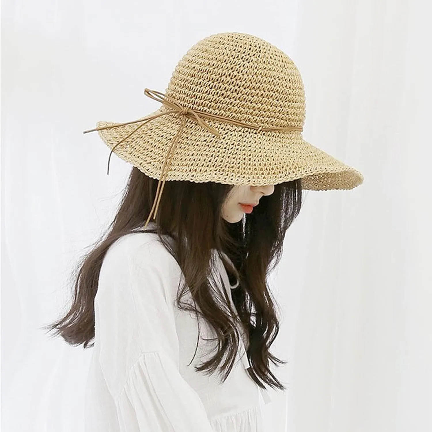 Women Fashion Straw Hats Summer Floppy Roll Up Beach Hat Teen Girls Wide Brim Bucket Sun Visor Hat Travel Accessories